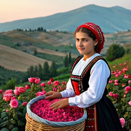 Home 4 **
"A vibrant scene from the Bulgarian Rose Festival. A young woman, fully clothed in a traditional Bulgarian folk costume, modest clothing, participates in the rose harvesting ritual in a field filled with Damascena roses at dawn. The background shows the rolling hills of the Rose Valley. Perfect anatomy, correct proportions, natural pose, safe for work, appropriate content, professional, family-friendly, well-formed hands, proper finger count, natural body proportions, high quality, professional photography."
**