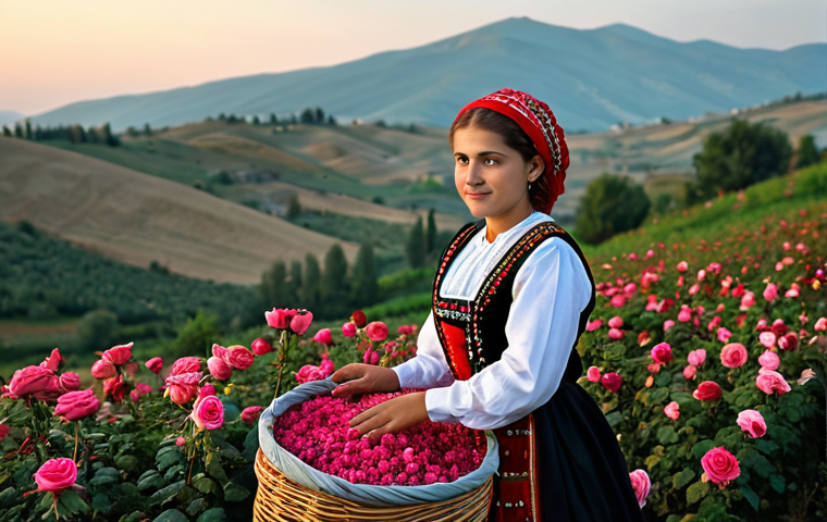 **
"A vibrant scene from the Bulgarian Rose Festival. A young woman, fully clothed in a traditional Bulgarian folk costume, modest clothing, participates in the rose harvesting ritual in a field filled with Damascena roses at dawn. The background shows the rolling hills of the Rose Valley. Perfect anatomy, correct proportions, natural pose, safe for work, appropriate content, professional, family-friendly, well-formed hands, proper finger count, natural body proportions, high quality, professional photography."
**